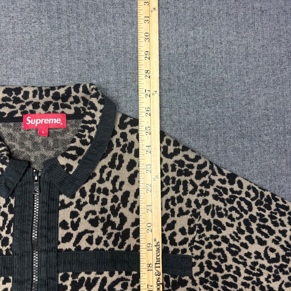 Supreme Leopard Corduroy Zip Up Sweater Tan Black Merino Wool Mens Large L F/W18 - Picture 7 of 7